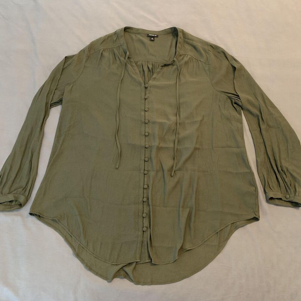 Torrid Shirt Womens 2 Green Button Front Peasant Tunic Long Sleeve Boho